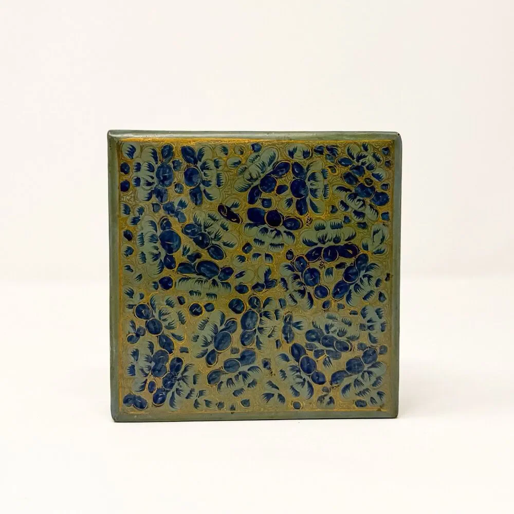 Vintage Kashmiri Papier Mache Lacquer Box 6 Hand Painted Floral Coasters